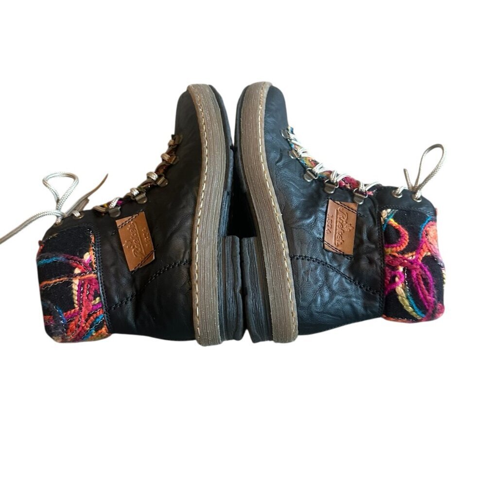 Rieker Black Leather Lace-Up Ankle Boots with Colorful Knit Cuff - Picture 8 of 12